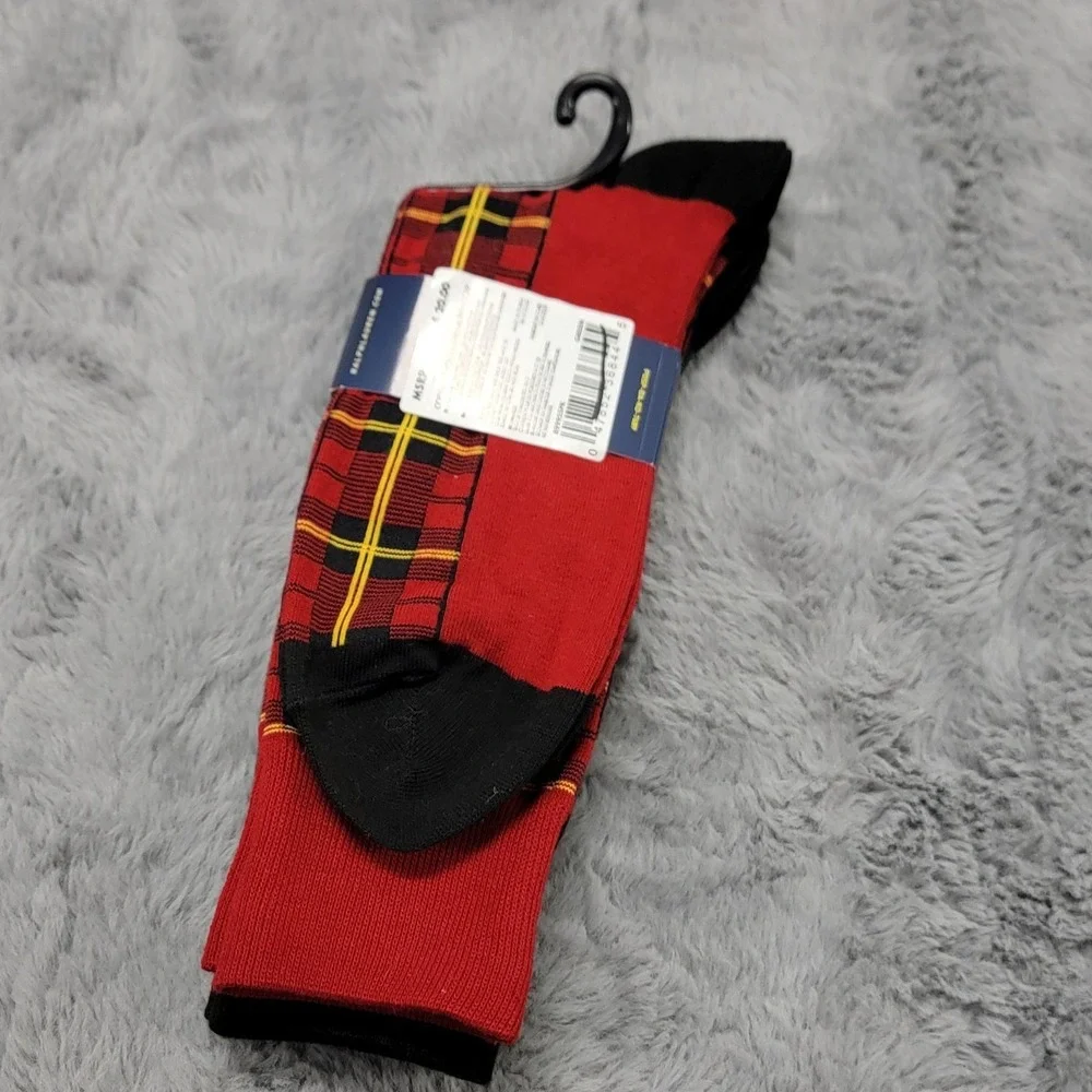 Polo Ralph Lauren Socks Mens 10-13 Red Green Plaid Pony Crew 2 Pairs Mid Calf